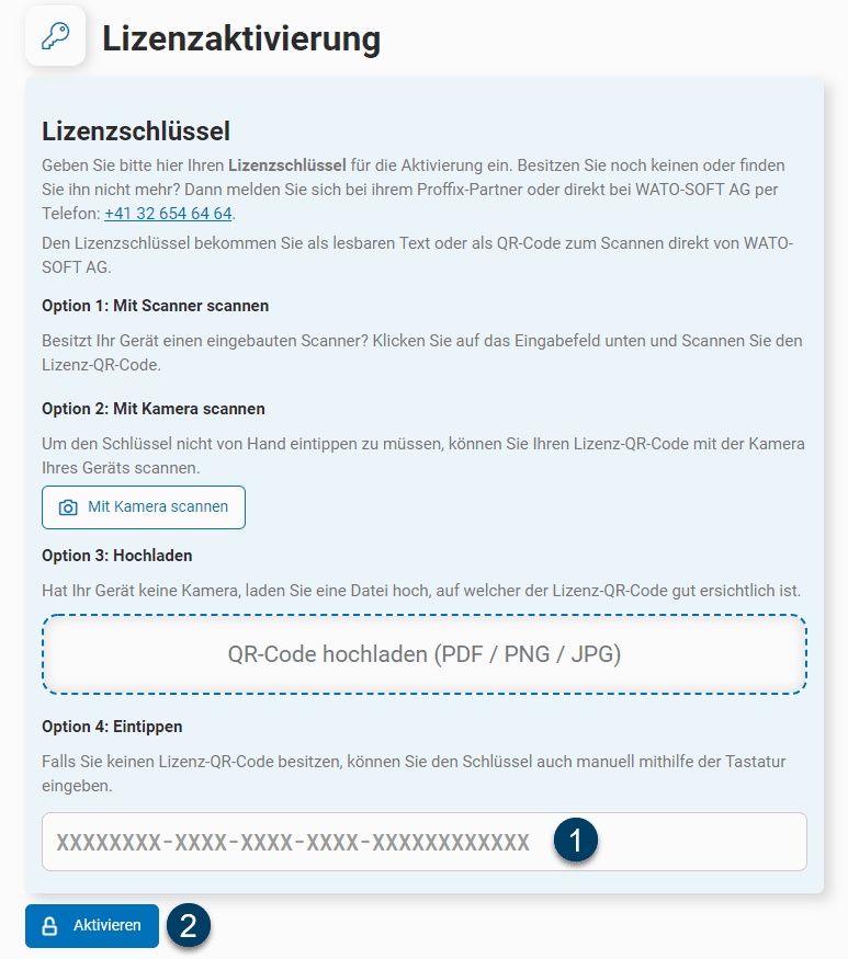 Lieznzschlüssel Eingabe mit Aktivierung