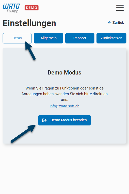 Den Reiter &quot;Demo&quot; auswählen und die Demo beenden