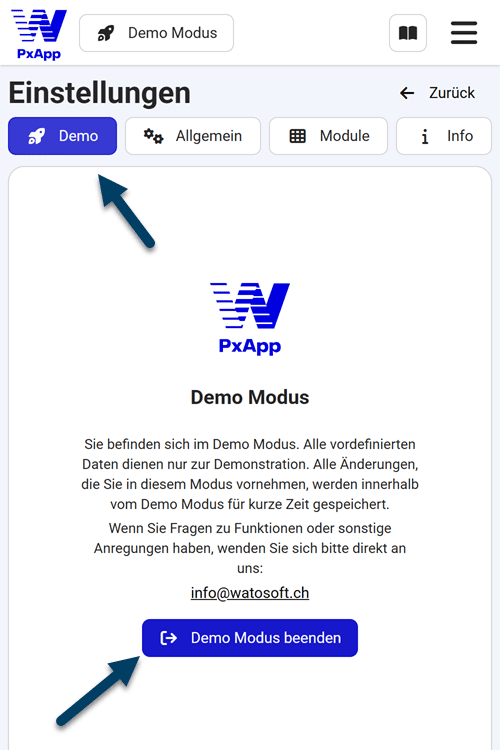 Den Reiter "Demo" auswählen und die Demo beenden