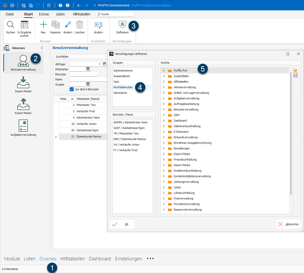 Ein Bildschirmfoto, auf welchem die Benutzeroberfläche zum Bearbeiten der Proffix-Berechtigungen zu sehen ist. Alle oben genannten Schritte sind nummeriert gekennzeichent.